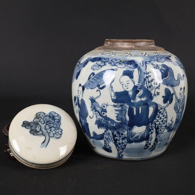 1960s Blue and White Porcelain Lidded Ginger Jar With "Qilin Bringing a Child" Motif - 6" H For Sale - Image 9 of 9