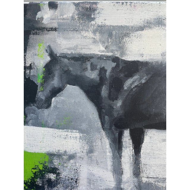 Realistic and expressive painting of a horse in a field. Abstract blurs of vivid green move across the space. This 12 x 16...