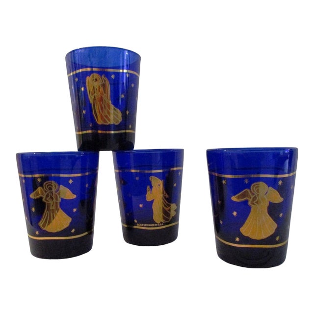Vintage Culver "Celestial Angels" Cobalt Blue 22k Lowball Glasses, S/4 For Sale