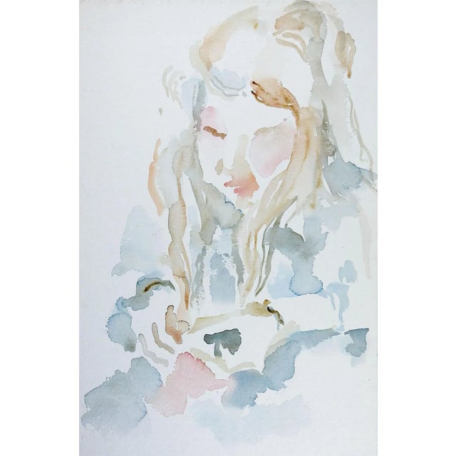 Impressionist Watercolor Portrait of Woman in Blue Dress Painting For Sale - Image 4 of 4