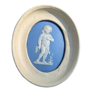 Antique Early 19th Century English Regency Wedgwood Jasperware Neoclassical Plaque in Cream Painted Wood Frame