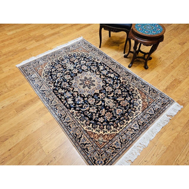 Vintage Persian Nain Area Rug, Hand-Knotted Wool & Silk, Floral Pattern, 4x6, Navy & Ivory For Sale - Image 4 of 18