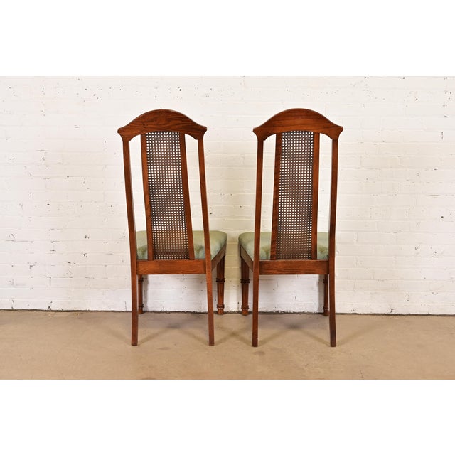 Henredon Style Mid-Century Hollywood Regency Carved Oak and Cane Bamboo Form High Back Side Chairs or Dining Chairs, Pair For Sale - Image 10 of 11