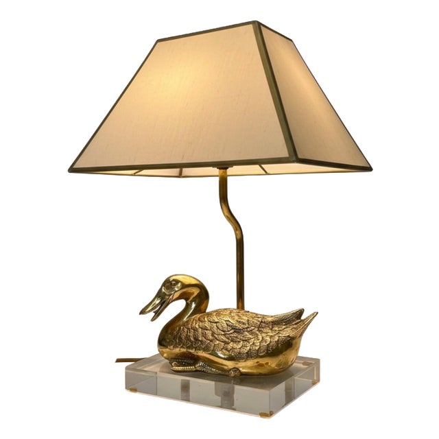 Vintage Brass Duck Table Lamp on Clear Acrylic Base, 1970s For Sale