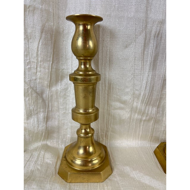 Pair of Vintage Solid Brass Candlesticks – Georgian Colonial Style With Octagonal Bases For Sale - Image 10 of 10