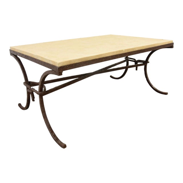 Brutalist Rustic Iron Stone Top Coffee Table For Sale