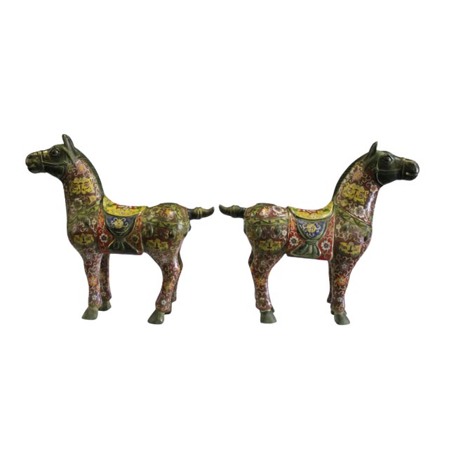 Chinese Brown Enamel Cloisonne Metal Horse Figures - a Pair For Sale