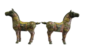 Chinese Brown Enamel Cloisonne Metal Horse Figures - a Pair