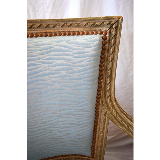 19th Century 19th Century Pair of Louis XVI Bright Blue Printed Armchairs, 2 Pieces For Sale - Image 5 of 7