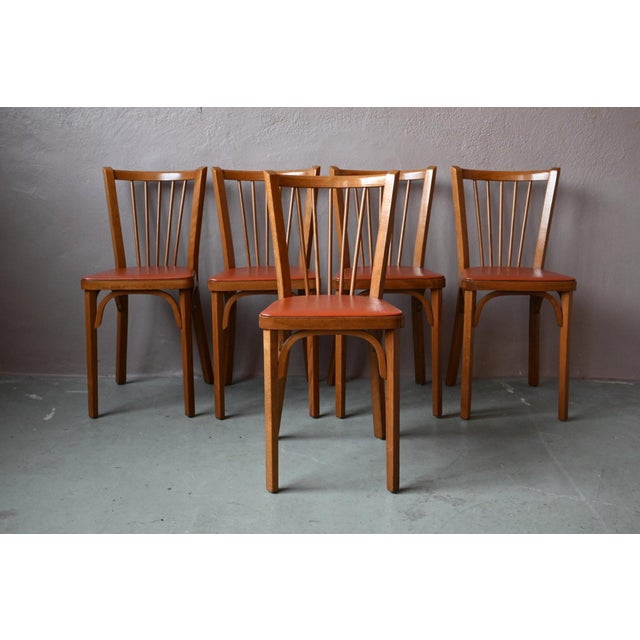 Bohemian Bistro Chairs with Spindles and Havana Orange Imitation Leather from Baumann, 1960s, Set of 5 For Sale - Image 15 of 15