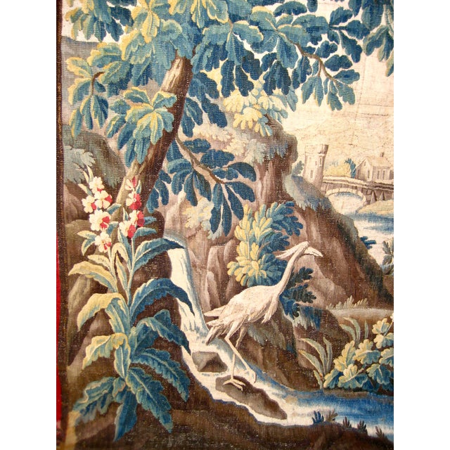 French Country Aubusson Verdure Tapestry Waterfall With an Heron and Bridge Jean-Batiste Pillement Circa 1750 For Sale - Image 3 of 18