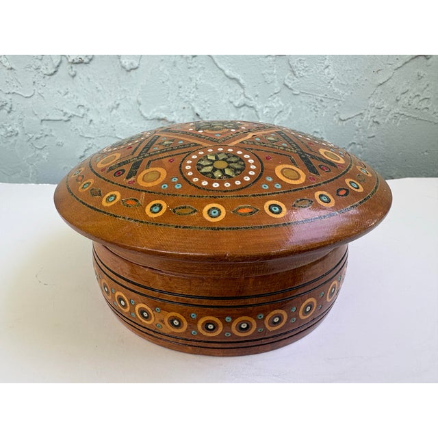 Wood Vintage Hutsul Style Turned Wood Lidded Box With Mother-of-Pearl Inlay – Ukrainian Folk Art Inspired Jewelry Box For Sale - Image 7 of 10
