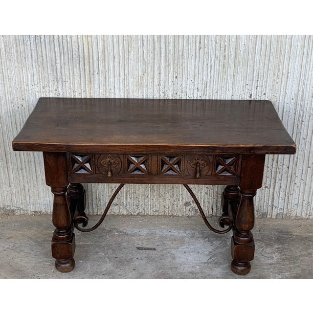 20th Century Spanish Carved Table with Iron Stretchers and Drawer For Sale - Image 17 of 18