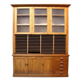 Antique Oversized 2 Piece Oak Country Store Cabinet With Carved Pulls 20thC For Sale