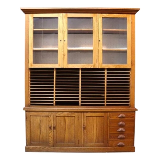 Antique Oversized 2 Piece Oak Country Store Cabinet With Carved Pulls 20thC For Sale