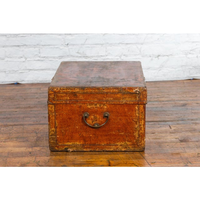 19th Century Chinese Qing Dynasty Period Lacquered Leather Trunk with Distressed Patina For Sale - Image 10 of 13