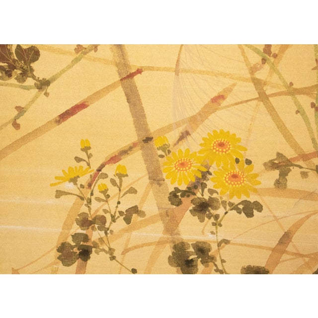 "Tit and Chrysanthemums", Showa Era Japanese Painted Silk Bybu Screen For Sale - Image 9 of 18