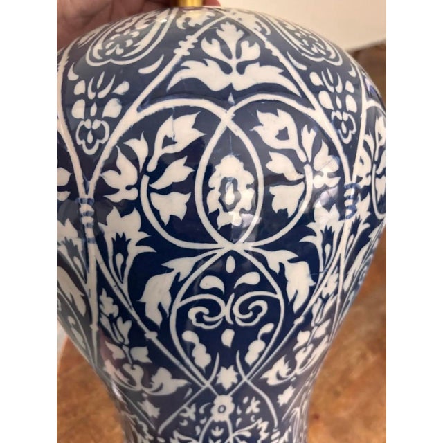2020s Contemporary Blue and White Ikat Pattern Ralph Lauren Over-Sized Jar Lamps With White Linen Shades, a Pair For Sale - Image 5 of 8