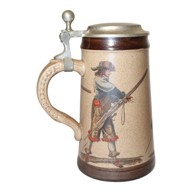 Vintage Marzi & Remy Lidded Pottery Stoneware Pewter Figural Beer Stein Mug For Sale