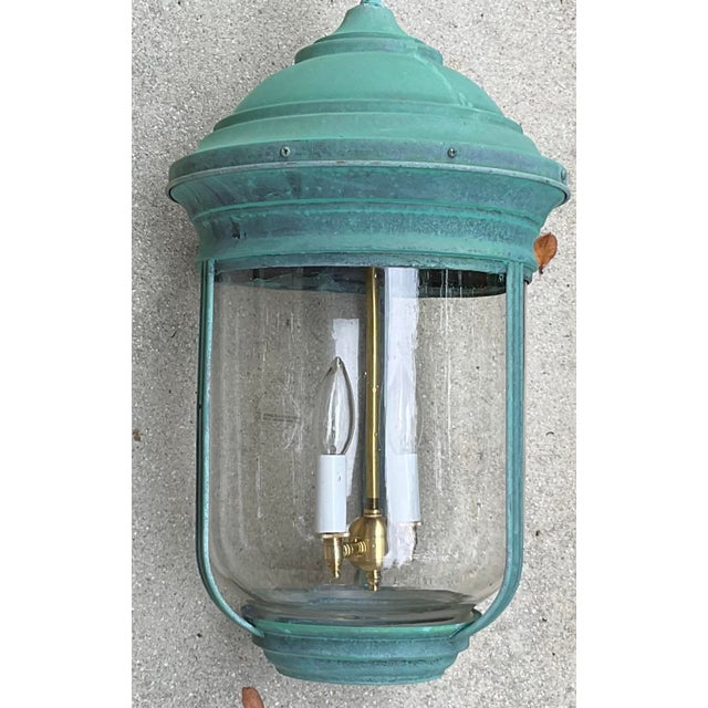 Metal Vintage Solid Brass Bell Lantern With Verdigris Patina – Two-Lights Pendant For Sale - Image 7 of 13