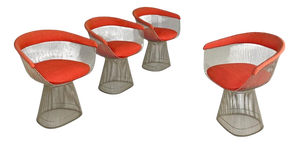 American Modern Metal and Red Fabric Chairs attributed to Warren Platner for Knoll, 1970s, Set of 4