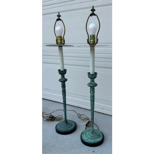 Pair of Vintage Frederick Cooper Verdigris Candlestick Buffet Table Lamps For Sale - Image 17 of 18