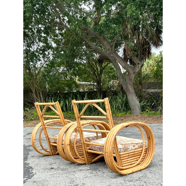 Vintage Coastal Bent Rattan Circle Lounge Chairs - A Pair For Sale - Image 4 of 12