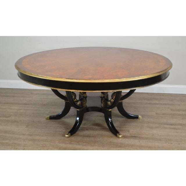 Regency Style 71" Round Burlwood Inlaid Top Dining Table W/ Black & Gold Base Chairish