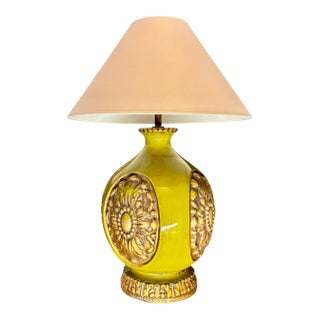 Mid-Century Ceramic Table Lamp With Embossed Floral Medallions For Sale