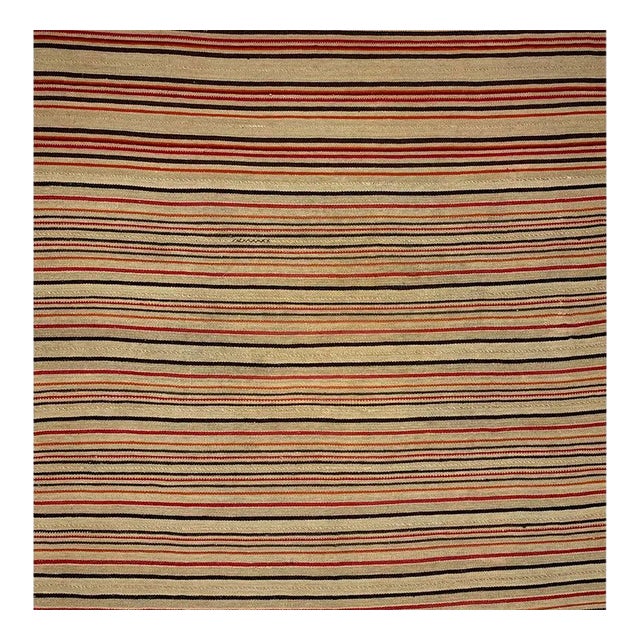 1950s Square Tan/Red Stripe Pattern Persian Kilim Rug 9’0″ X 9’0″ For Sale