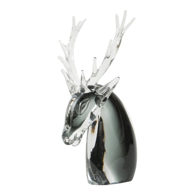 Rare Venetian Glass Sculpture Stag with Antlers, Midcentury Vintage Black Clear For Sale
