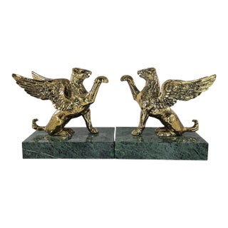 Pair of Vintage Brass Griffin Bookends With Green Marble Bases For Sale