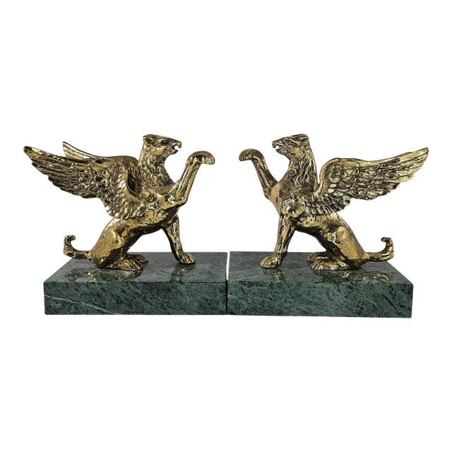 Pair of Vintage Brass Griffin Bookends With Green Marble Bases For Sale