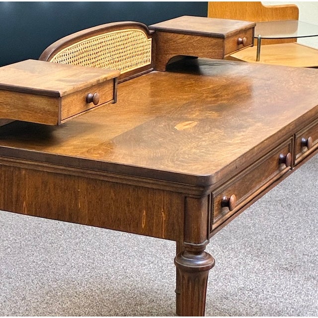 Walnut Writing Desk With Drawers and Wicker Accents With Complimentary Matching Wooden Wicker Chair For Sale - Image 10 of 13