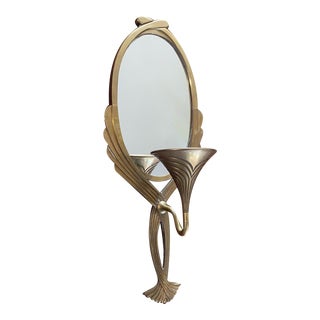 Vintage Art Deco Solid Brass Mirrored Candle Sconce For Sale