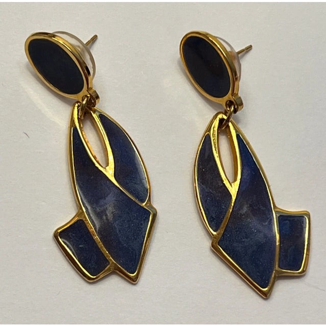 1980s 1980s Berebi Blue Enamel and Gold Dangle Earrings - 2 Pieces For Sale - Image 5 of 6
