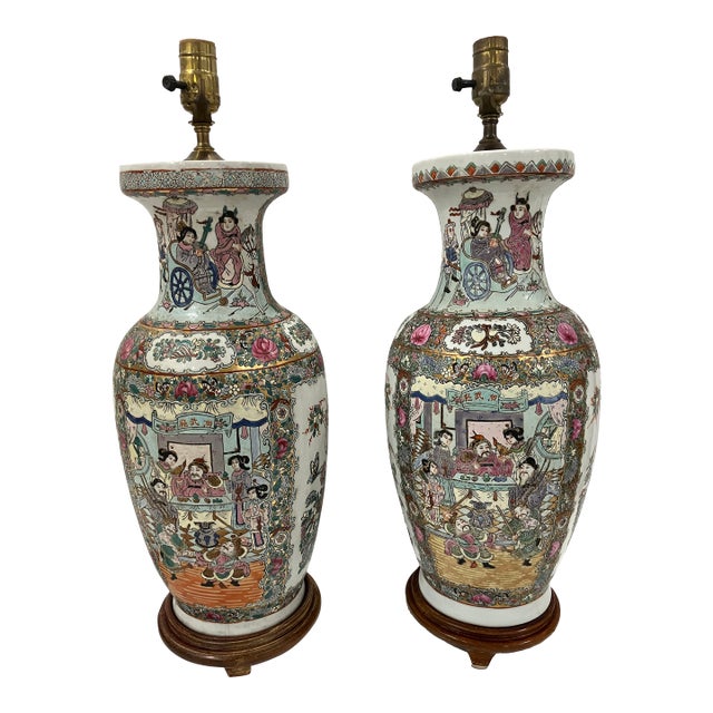 Pair of 1980s Hand Painted Chinese Lamps For Sale