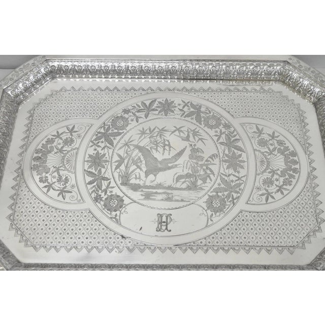 Art Nouveau Antique Rogers Smith & Co Art Nouveau Large Silver Plated Crane Bird Etched Tray For Sale - Image 3 of 18
