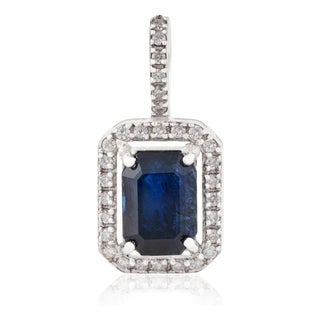 Art Deco 1.21ct Blue Sapphire & Diamond Halo Pendant in 14k White Gold For Sale