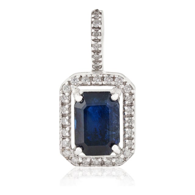 Art Deco 1.21ct Blue Sapphire & Diamond Halo Pendant in 14k White Gold For Sale