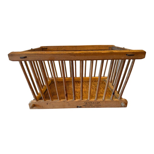 Farmhouse Antique Hudson Delivery Crate by Rugg Manufacturing Co. – Wooden Grocery Basket With Original Advertising, C. 1910–1930 For Sale - Image 3 of 14