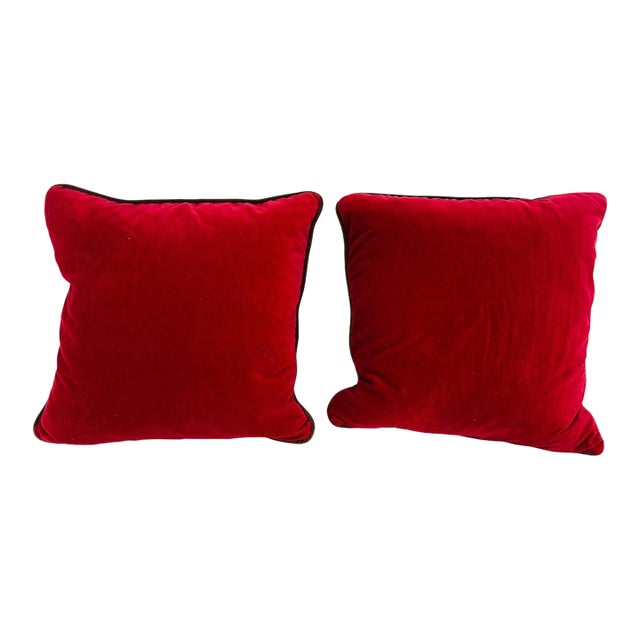 Pair of Burgundy Red Cotton Velvet Throw Pillows with Down Inserts For Sale