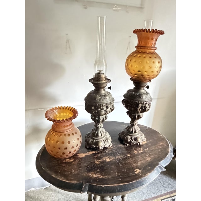 1930s Oil Lamps in Bronze and Amber Glass, 1930, Set of 2 For Sale - Image 5 of 9