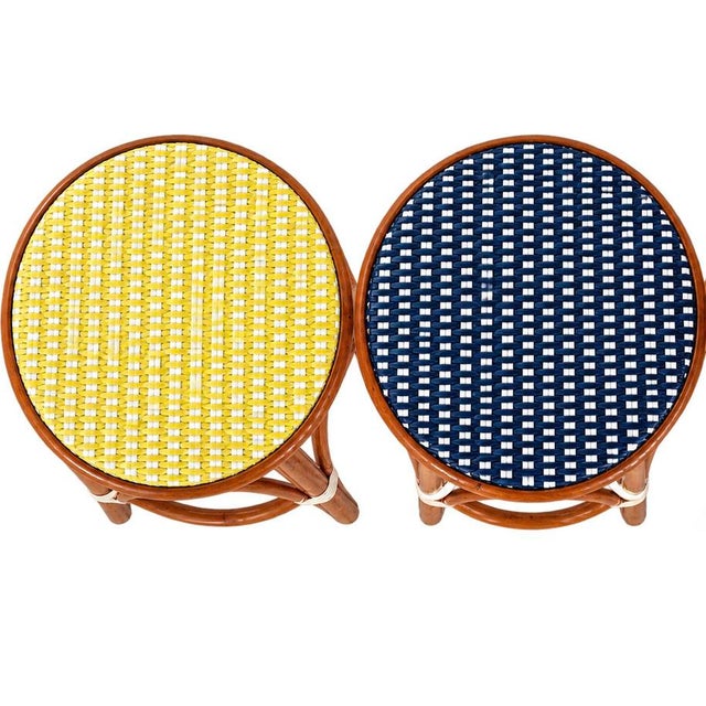 Maison Gatti Parisian Rattan Bistro Bar Stools in Navy & Yellow -Set of 4 For Sale In Los Angeles - Image 6 of 7