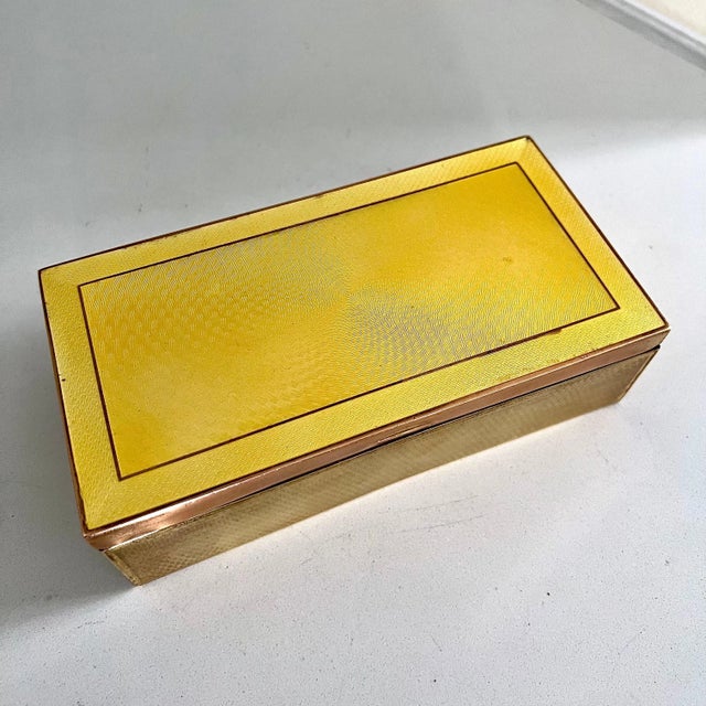 Mid 20th Century Brass Box with Yellow Guilloche and Enamel Detail For Sale - Image 5 of 10