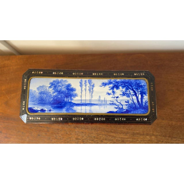 Antique Victorian Jewelry Box Blue Porcelain Landscape Inlay Mother of Pearl Marquetry Wood Trinket Casket For Sale - Image 14 of 14