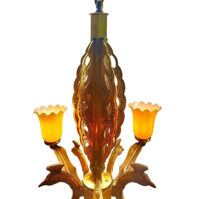 Metal Art Deco Bronze Chandelier Details with 5 Glass Shades, 1930s For Sale - Image 7 of 18