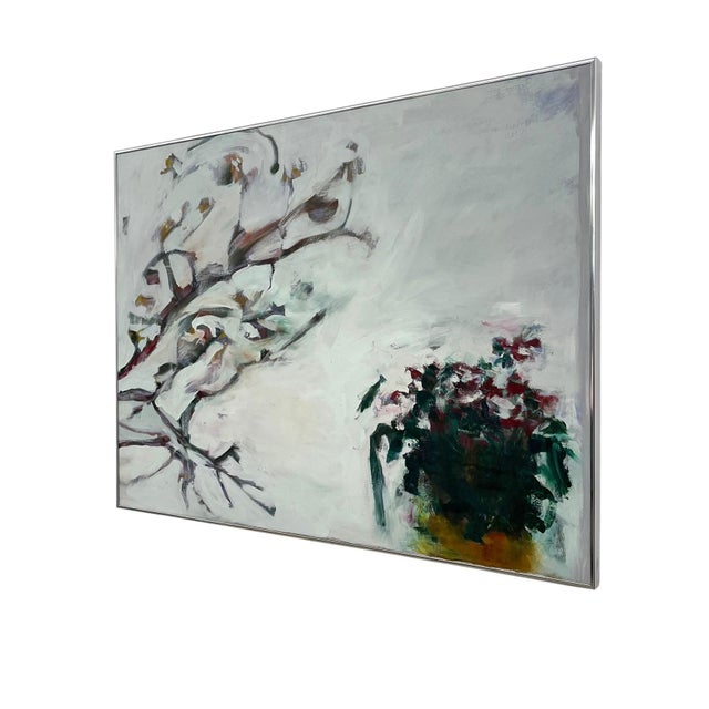 A large-scale contemporary abstract floral painting executed on canvas, featuring an expressive composition of white...