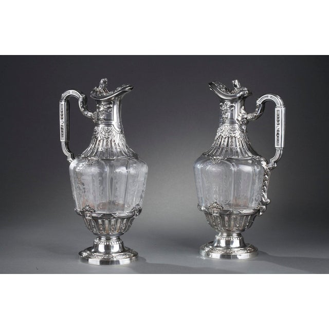 19th Century Ewers with Engraved Crystal and Silver Mounts, 1880, Set of 2 For Sale - Image 3 of 18