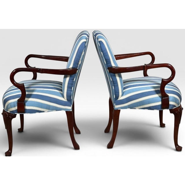 Queen Anne Pair of Vintage Upholstered Queen Anne Style Striped Armchairs With Shell Carving For Sale - Image 3 of 17